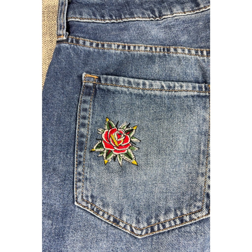 Aero High Rise Wide Leg Jeans Womens 10 NWT Custom Rose Embroidery Dark Wash