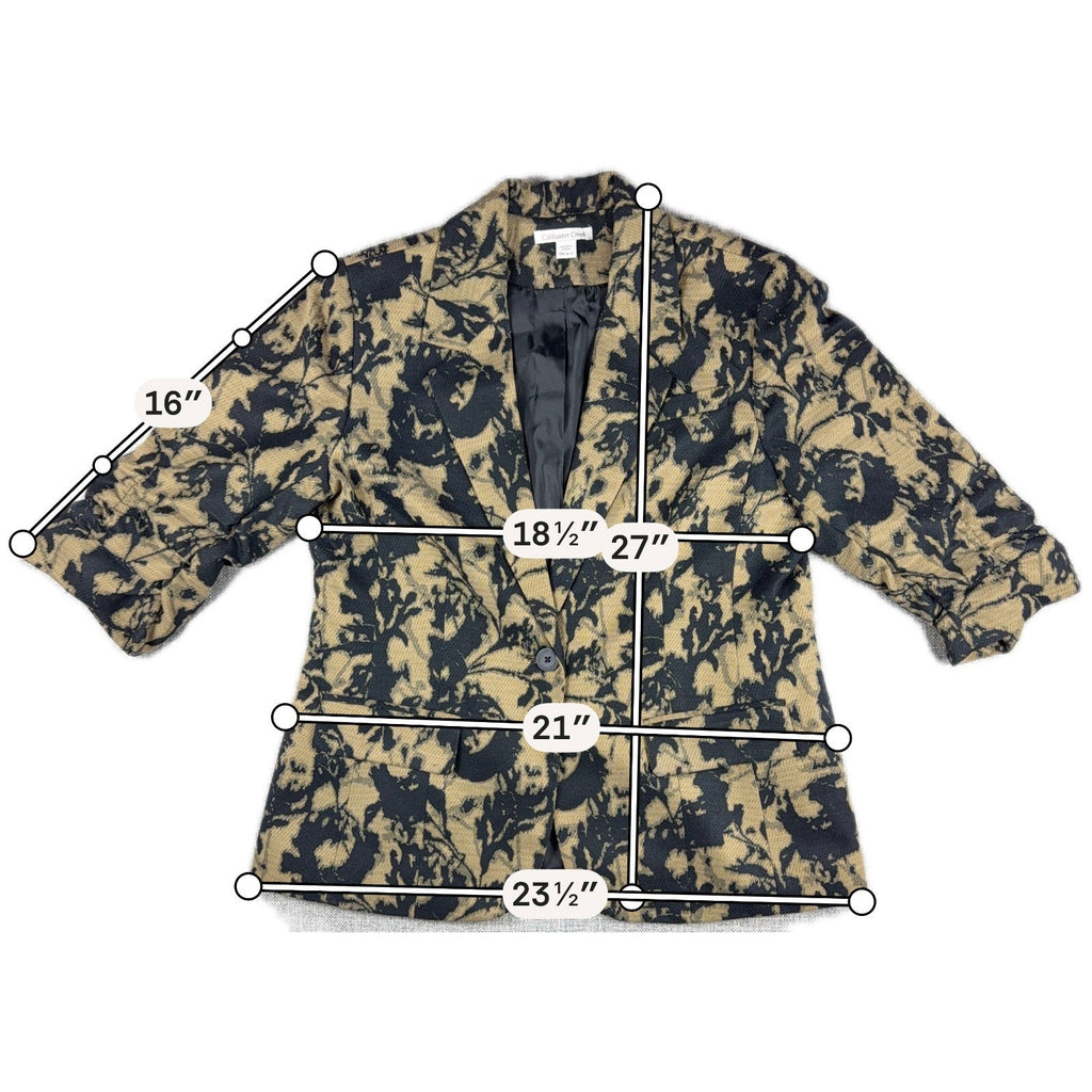Coldwater Creek Womens PM 10-12 Floral Tapestry Blazer Jacket Black Tan 3/4 Slee