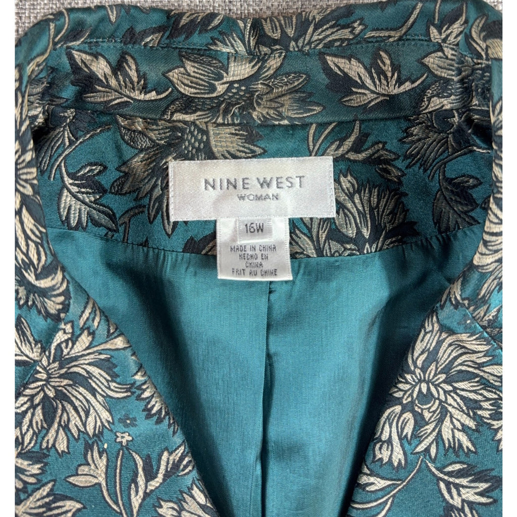 Nine West Woman Blazer 16W Teal Floral Jacquard 3/4 Sleeve Plus Size Jacket