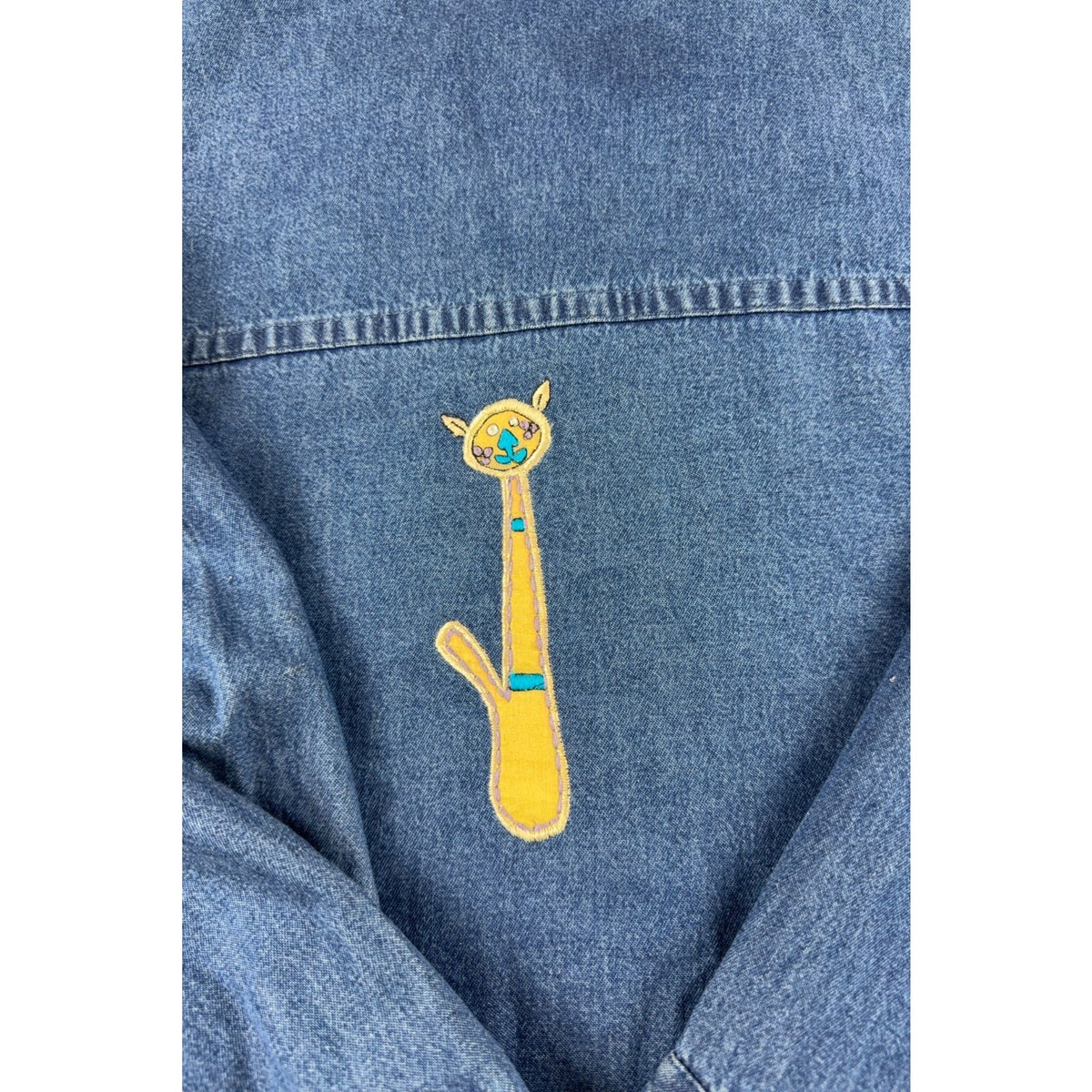 Life Style Plus Denim Cat Shirt Womens Embroidered Applique Whimsical Novelty