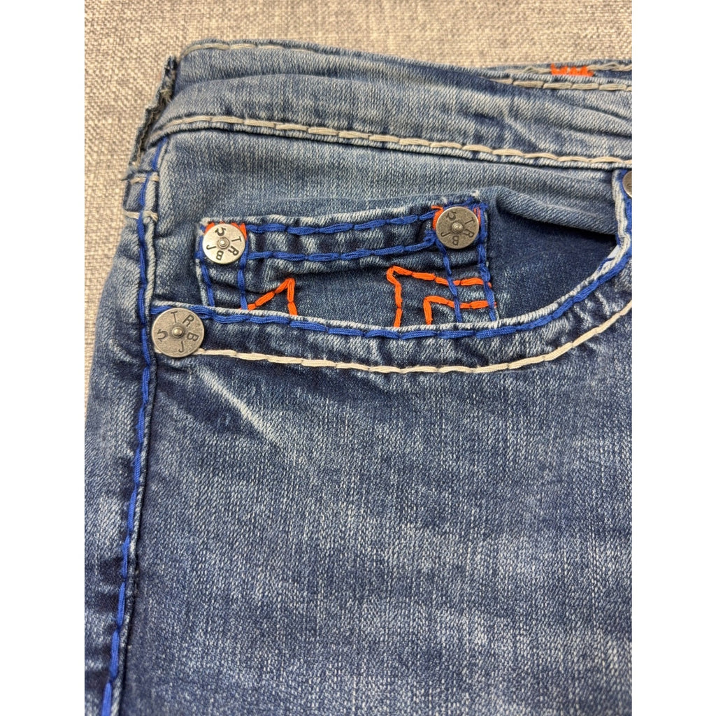 True Religion Rocco Relaxed Skinny Jeans Mens 44 Blue Orange Contrast Stitch
