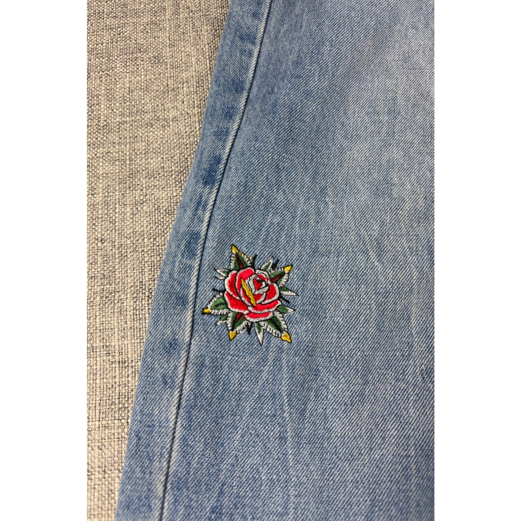 RSQ Low Rise Ultra Baggy Jeans Womens 29 Custom Rose Embroidered Light Wash