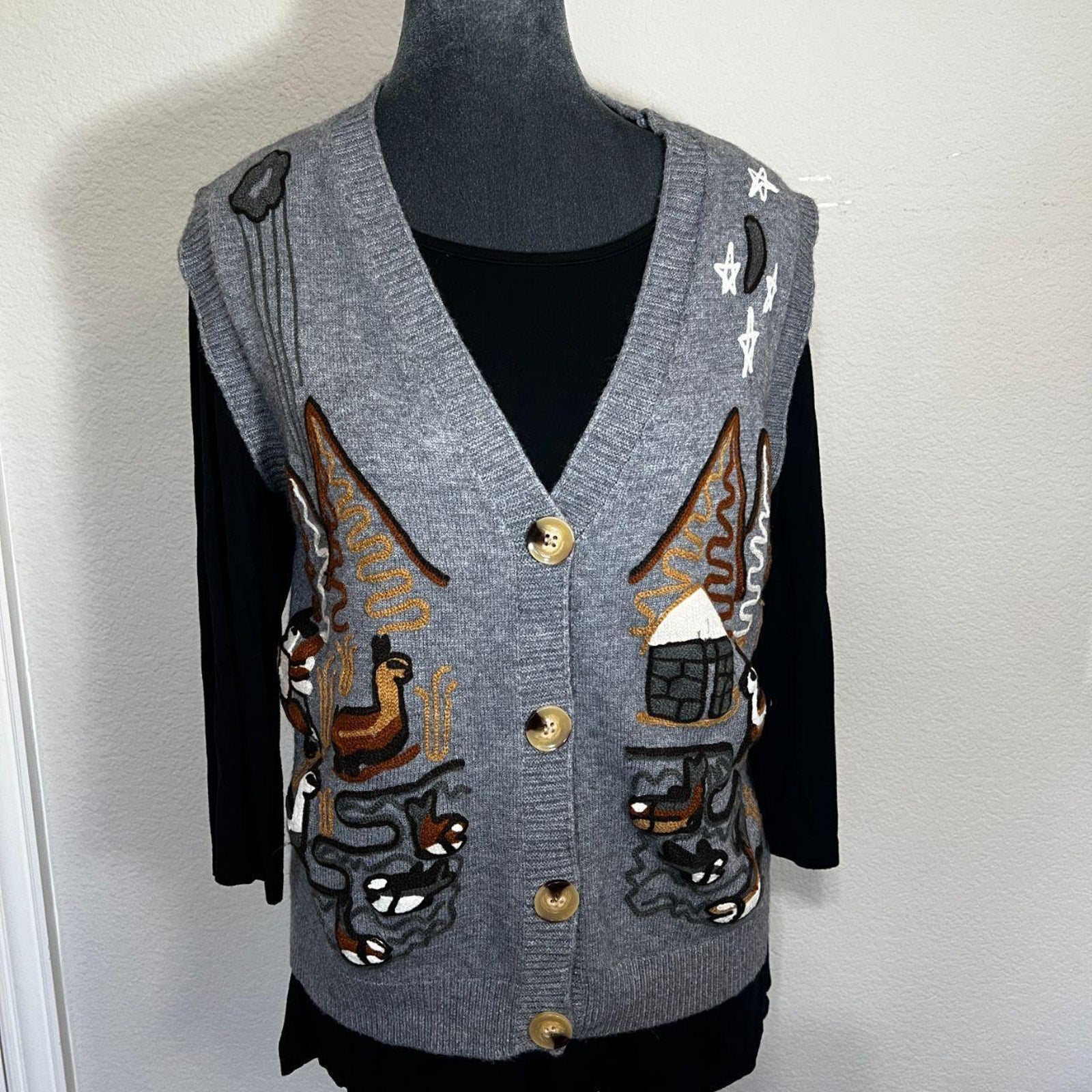 Handmade Whimsical Embroidered Sweater Vest Grey Cottagecore
