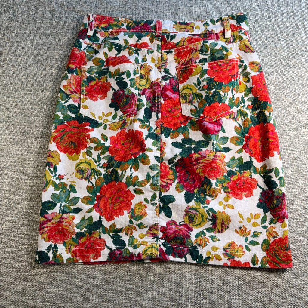 Maeve Anthropologie Floral Denim Skirt Womens 8 Button Front Stretch Cotton Boho