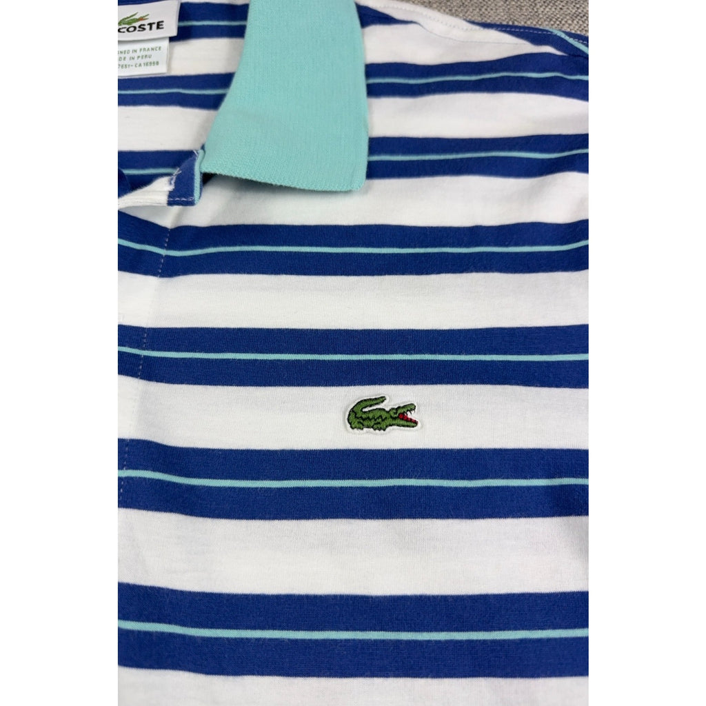 Lacoste Polo Shirt Men M Size 4 Blue White Stripe Aqua Collar Cotton