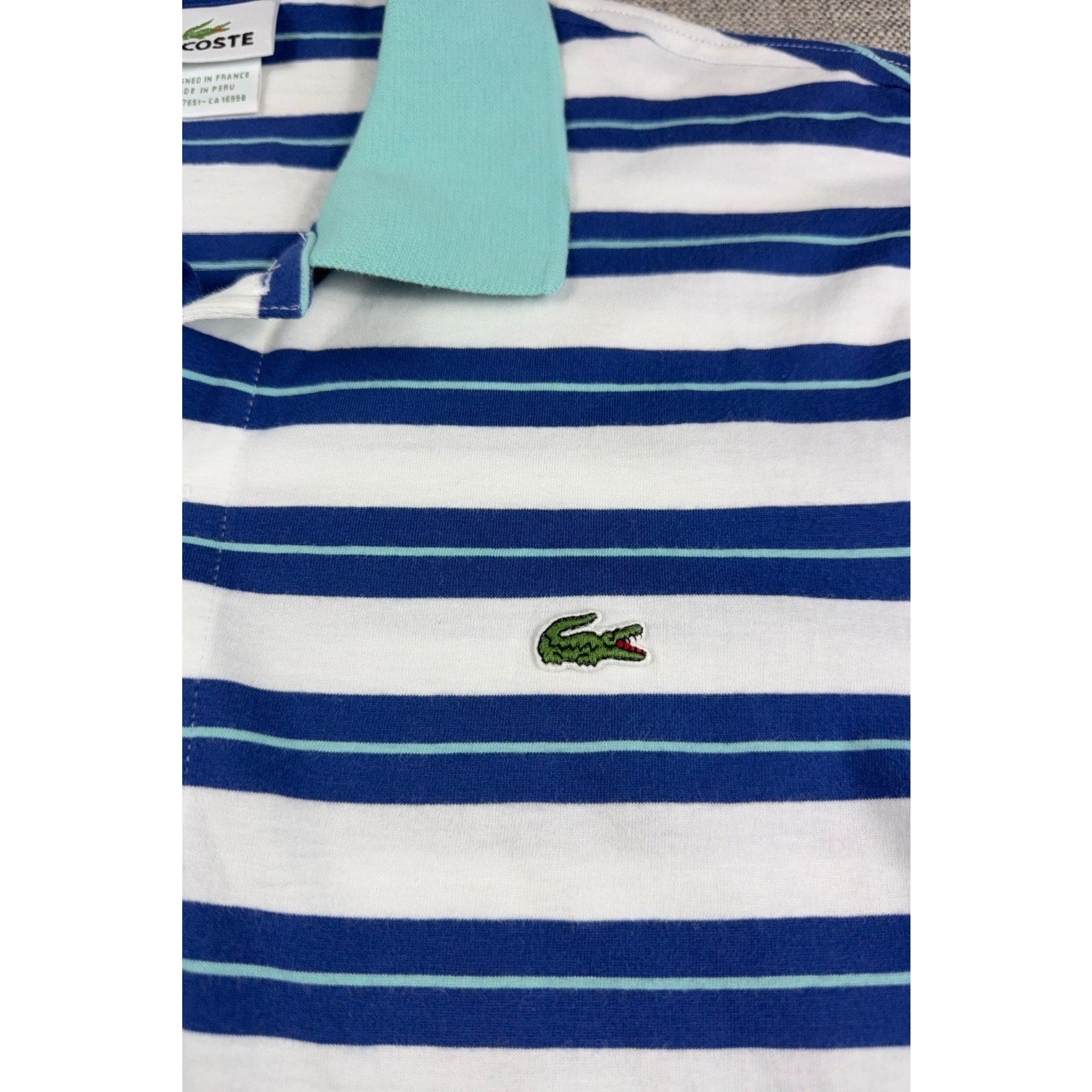 Lacoste Polo Shirt Men M Size 4 Blue White Stripe Aqua Collar Cotton