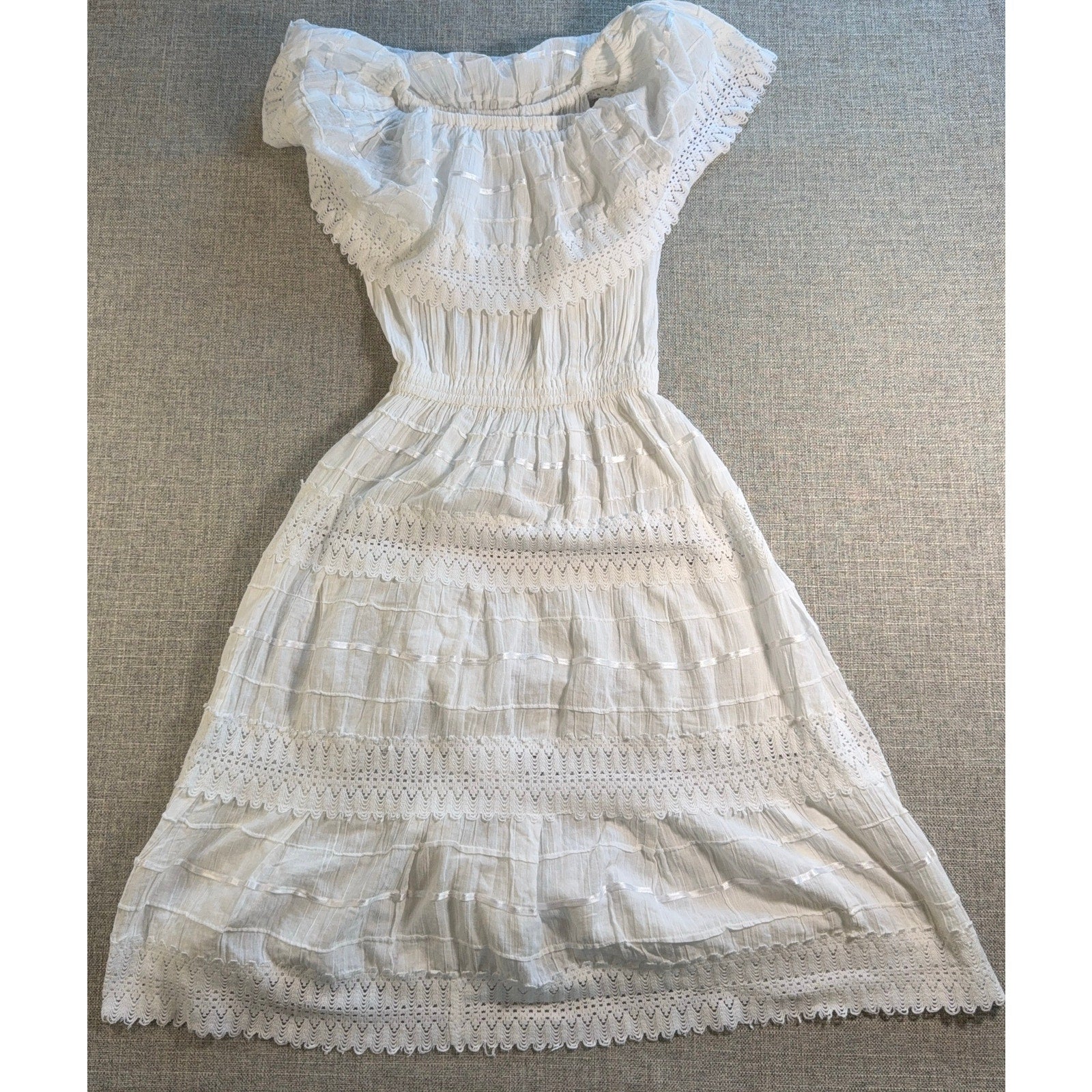White Off Shoulder Lace Tiered Cottagecore Dress