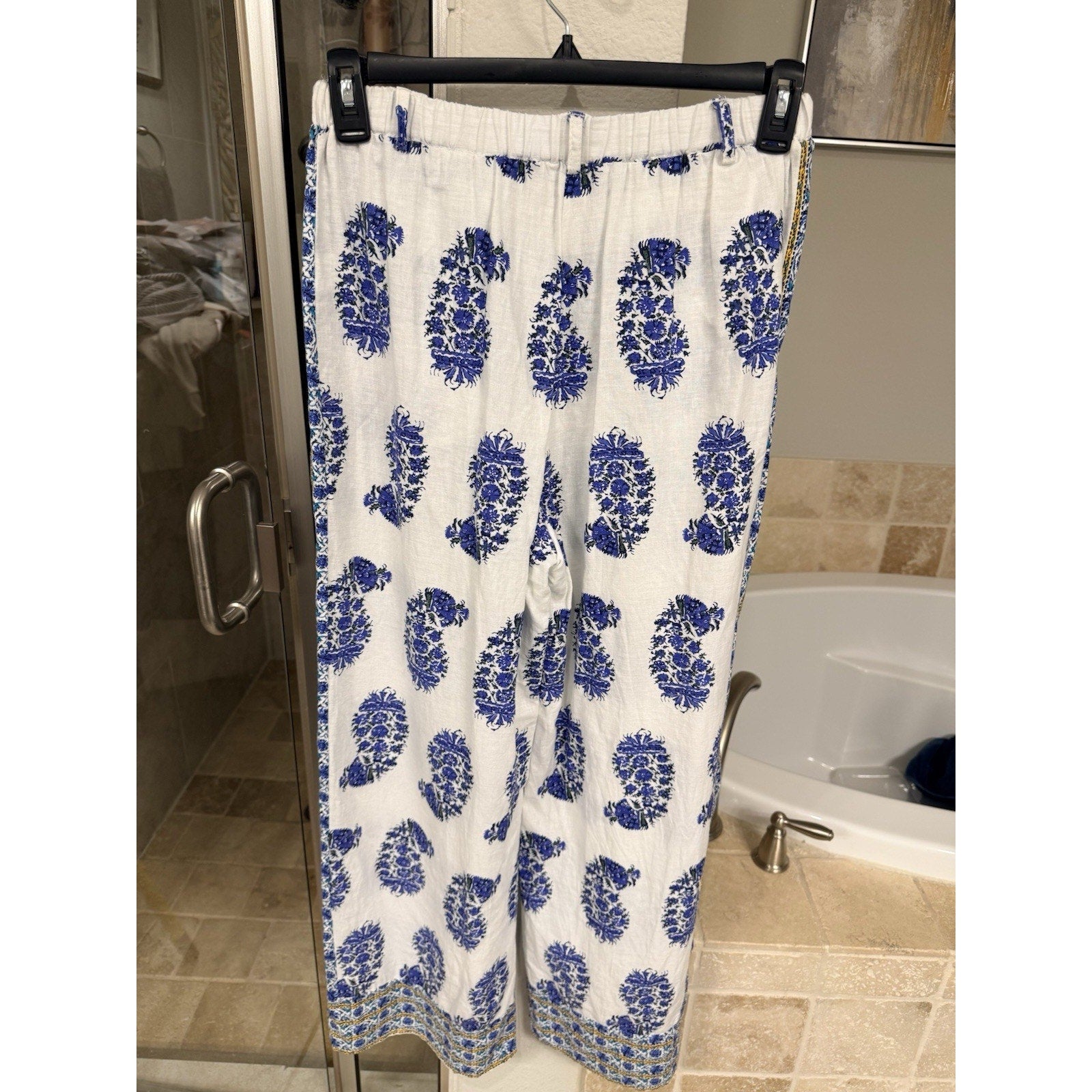 Atelier Nicole Miller Womens XS Blue White Boho Palazzo Pants Wide Leg Resort