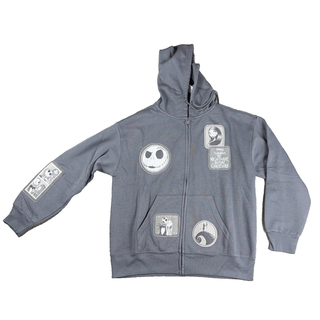 Disney Nightmare Before Christmas Jack Sally Patch Hoodie Womens L Gray NWT