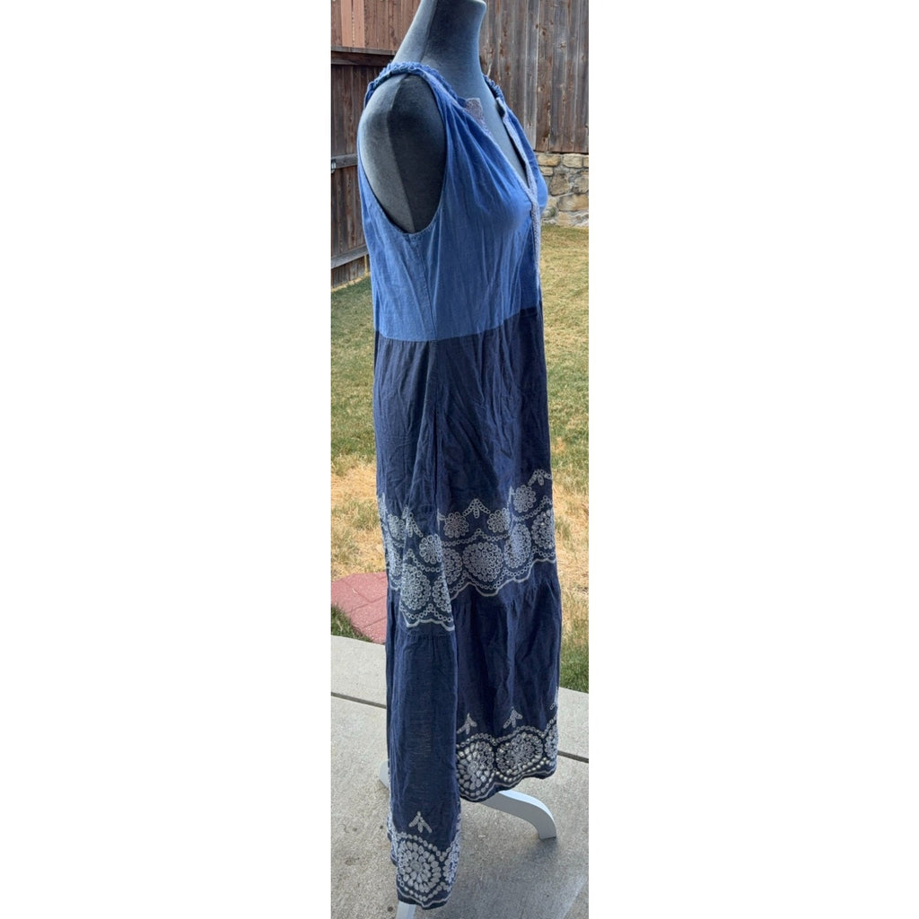 Ruby Yaya Blue Maxi Dress S Boho Embroidered Tiered Sleeveless Resort