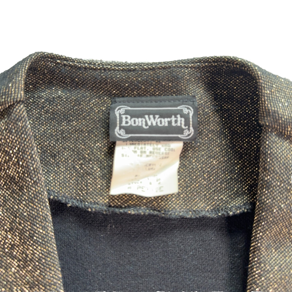 BonWorth Womens Metallic Open Front Jacket Gold Black Shimmer Blazer S/M