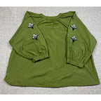 Entro Womens M Olive Green Embroidered Peasant Blouse Balloon Sleeve Boho