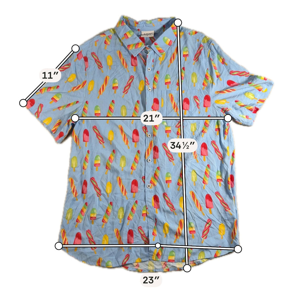 Cove Mens XL Rayon Button Up Shirt Blue Popsicle Print Novelty Vacation Beach