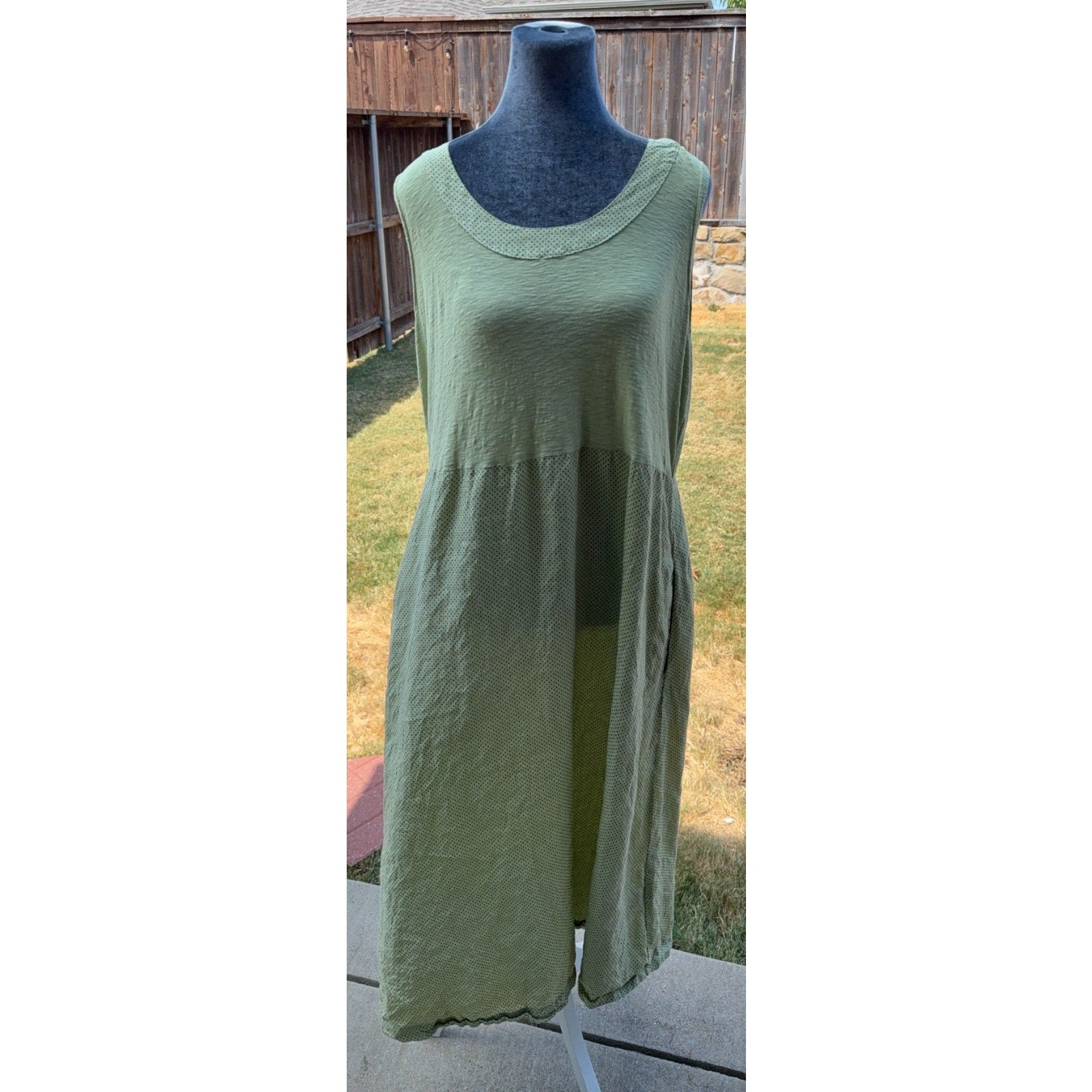 Cut Loose Dress Womens L Olive Green Linen Cotton Polka Dot Lagenlook Maxi USA