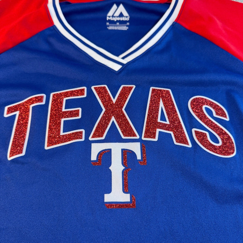 Majestic Texas Rangers Women's M Glitter V-Neck Baseball Shirt MLB