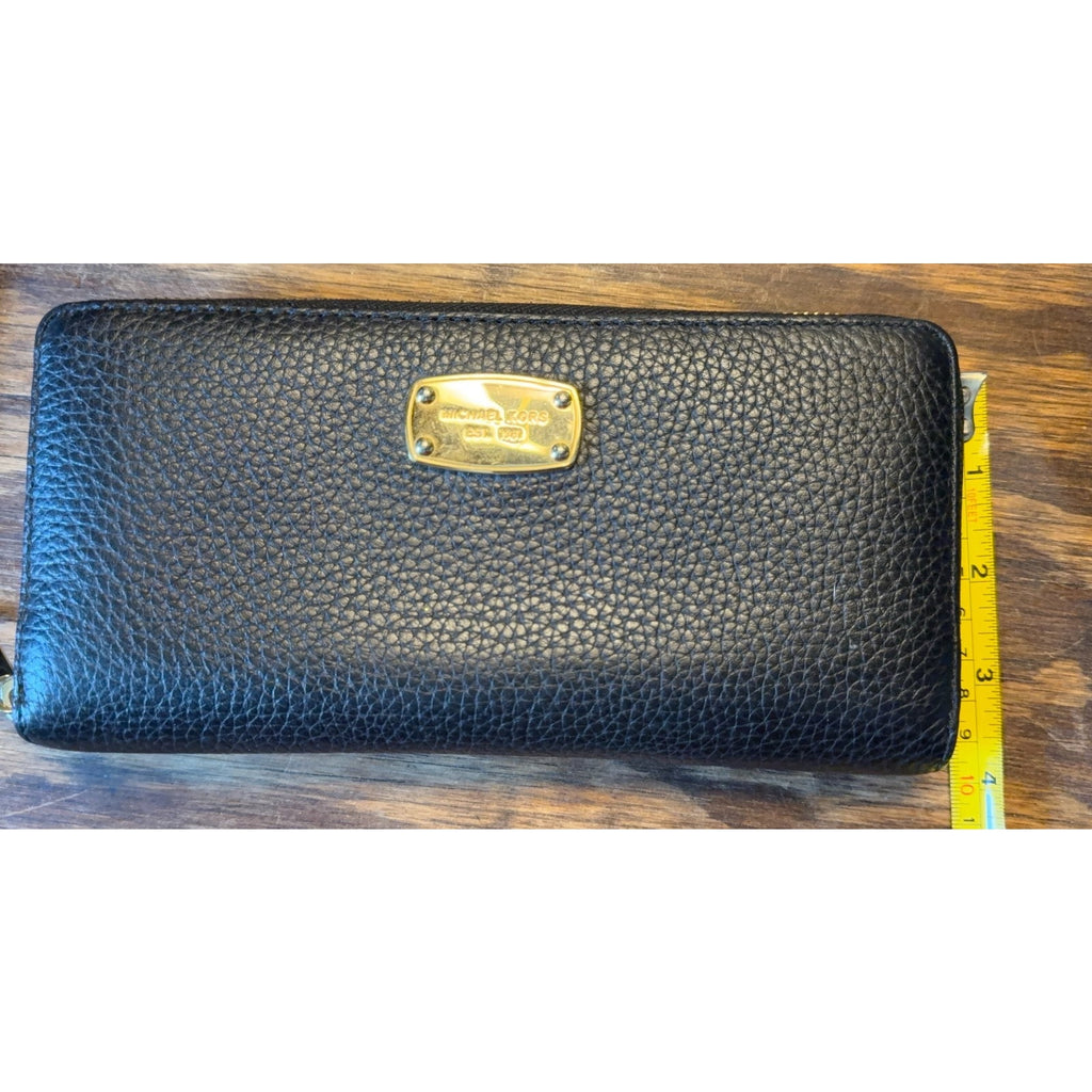 Michael Kors Wallet Black Zip Around Continental Pebbled Leather Gold Logo Women