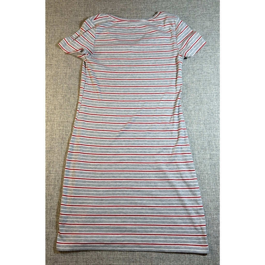 Pink Rose Striped Ribbed Mini Dress Gray Red White V Neck Short Sleeve Y2K