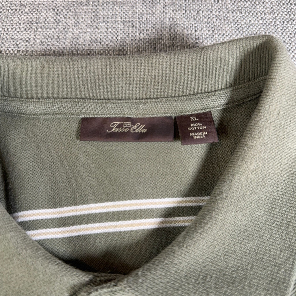 Tasso Elba Mens XL Olive Green Striped Polo Shirt 100% Cotton Short Sleeve Casua