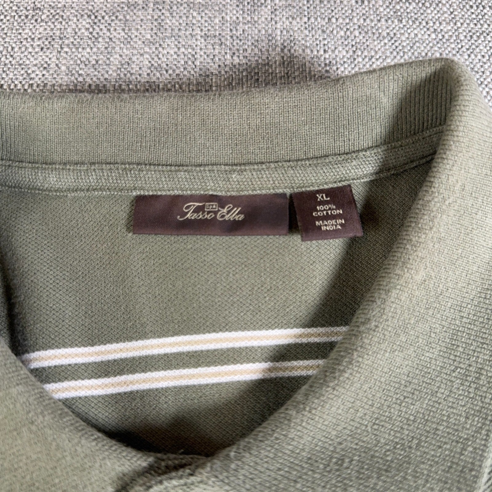 Tasso Elba Mens XL Olive Green Striped Polo Shirt 100% Cotton Short Sleeve Casua