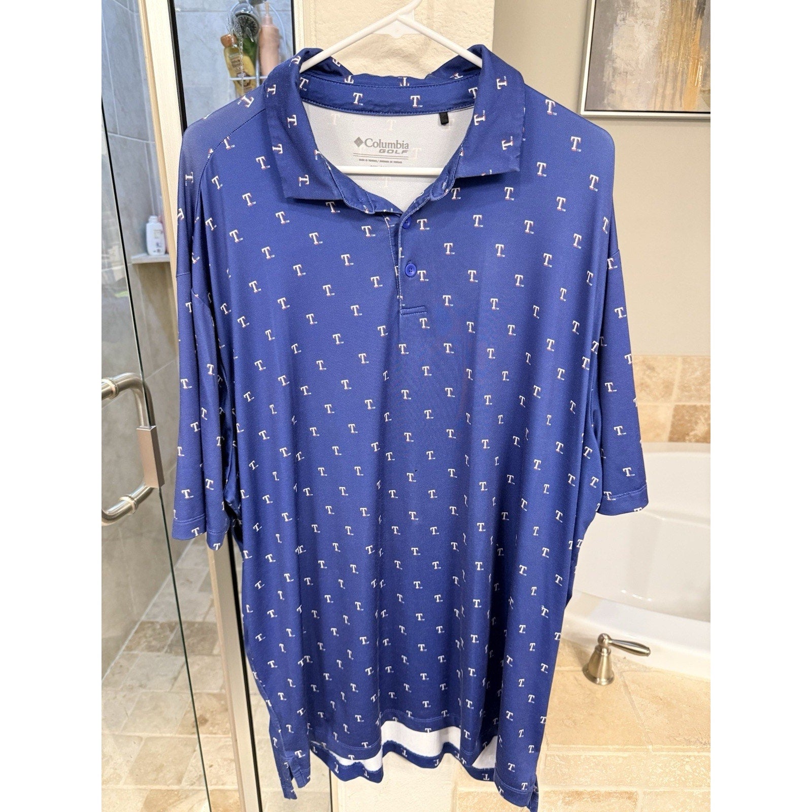 Columbia Golf Texas Rangers Polo Shirt XXL Blue All Over Print Performance MLB