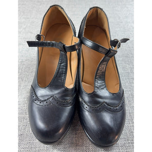 Trary Black Leather T Strap Mary Jane Pumps Womens 8 Brogue Block Heel Gothic