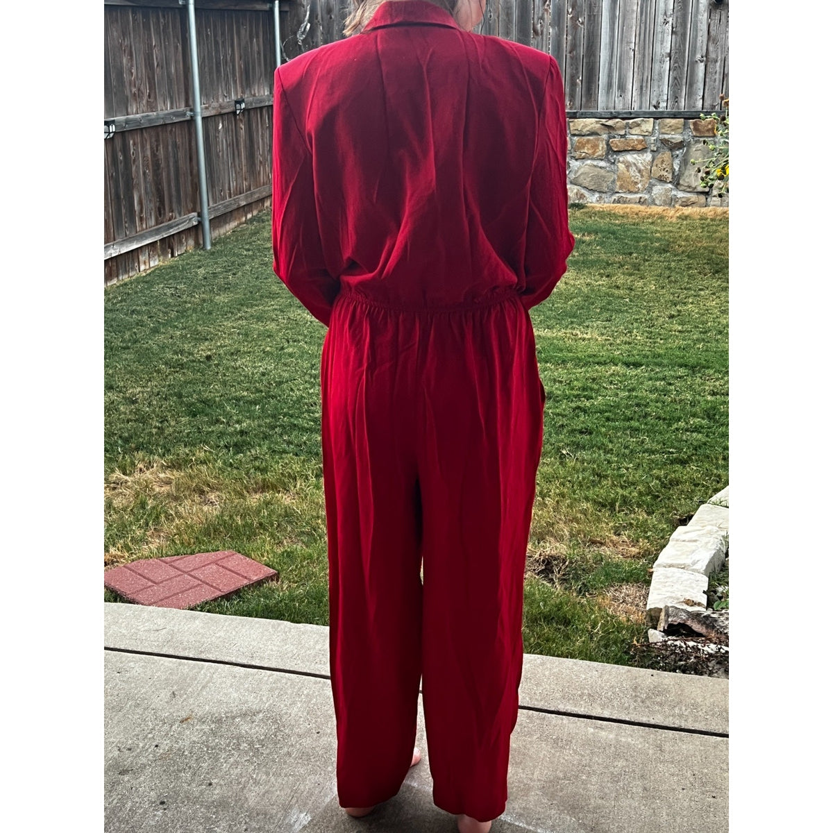 Vintage 80s Red Studded Jumpsuit Womens Power Suit Shoulder Pads Glam Retro