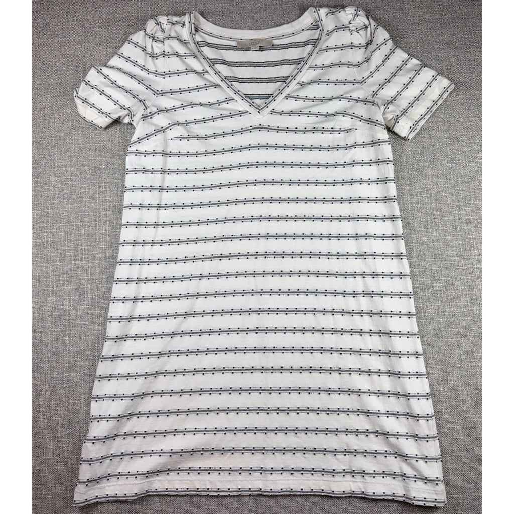 LOFT Womens Medium Striped V Neck T Shirt Dress Black White Short Sleeve Casual