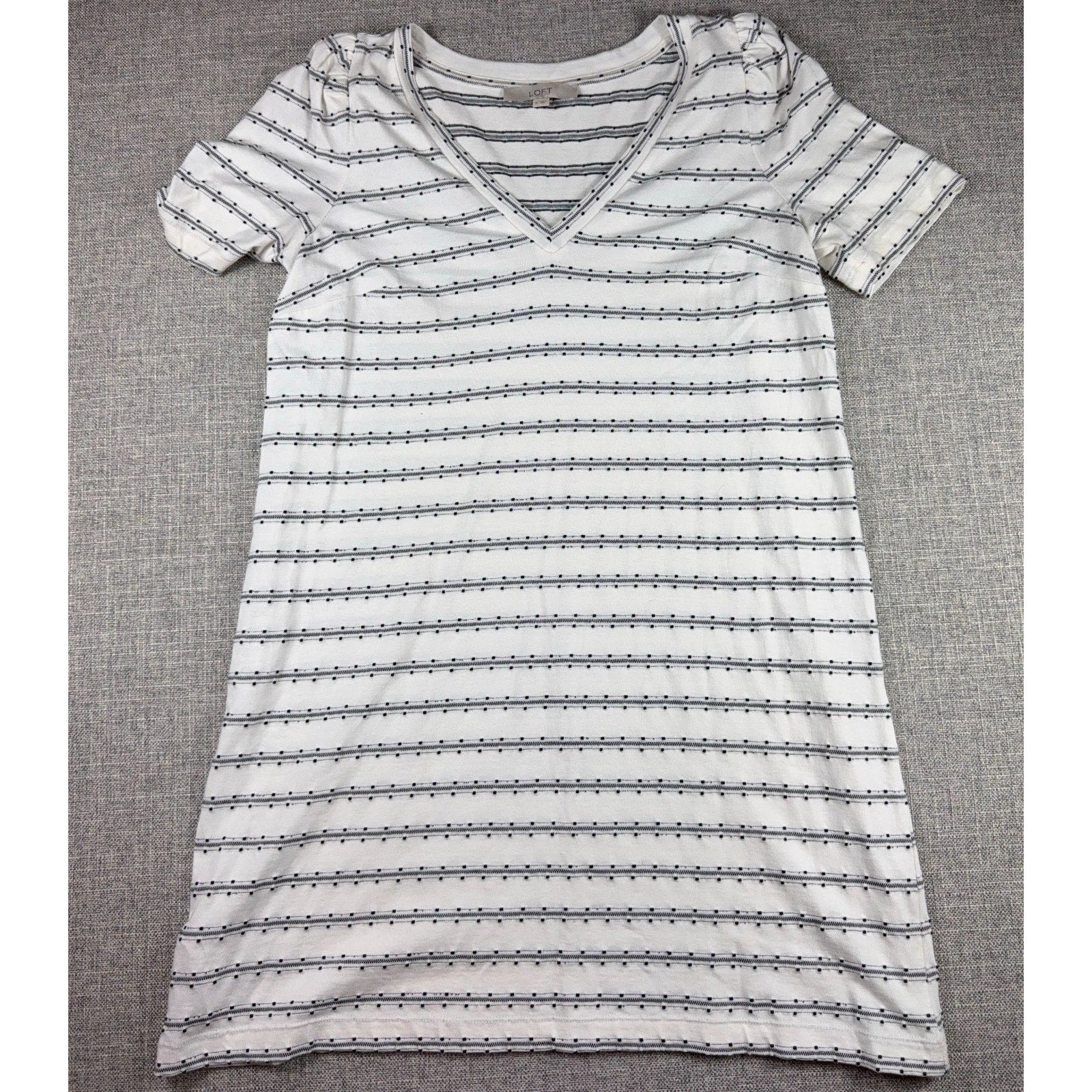 LOFT Womens Medium Striped V Neck T Shirt Dress Black White Short Sleeve Casual