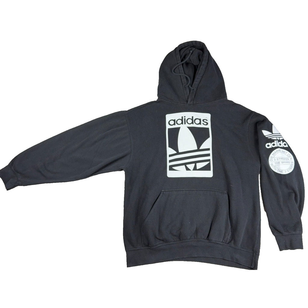 Adidas Originals Hoodie Mens M Black Trefoil 3 Stripes Sleeve Graphic Pullover