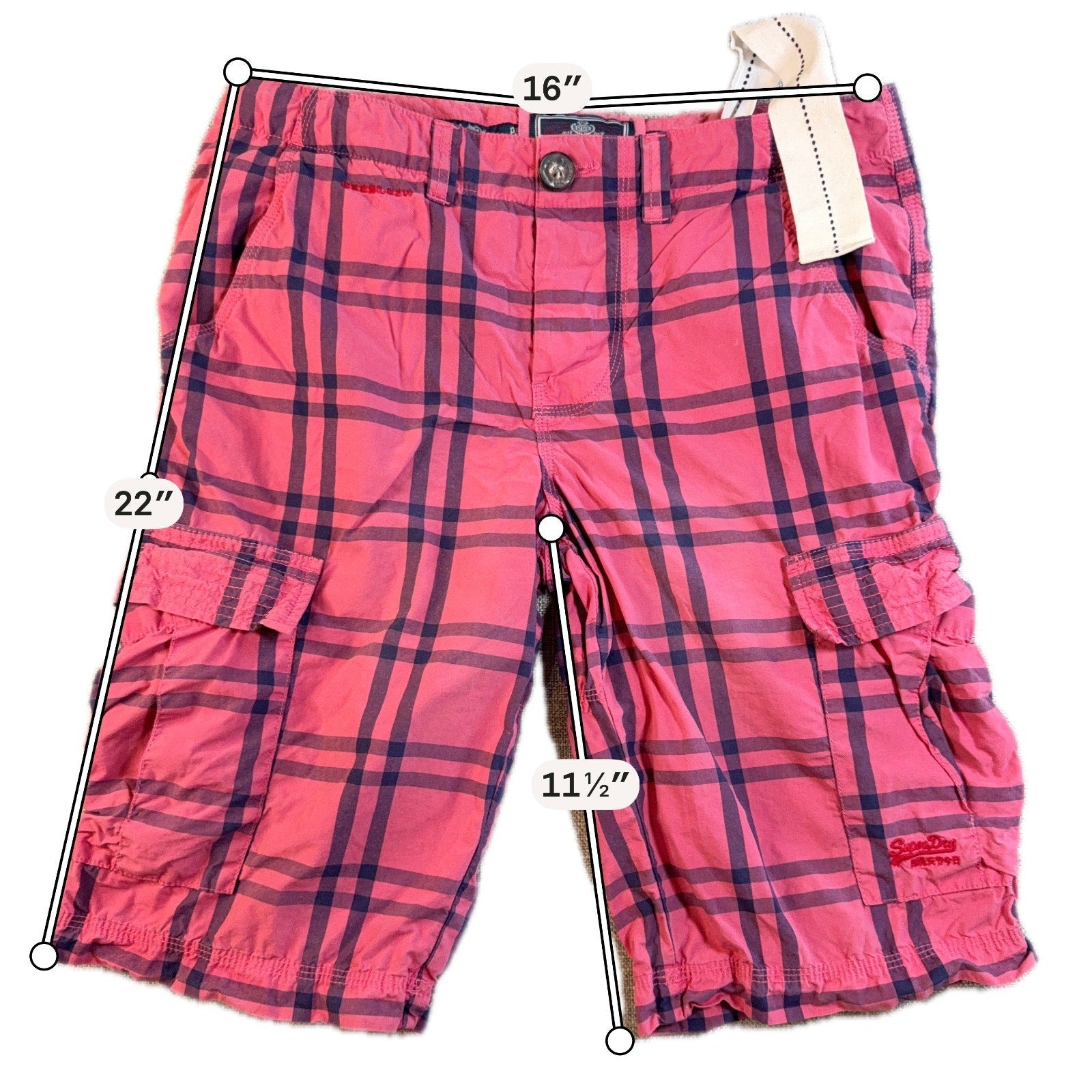 Superdry Men's M W32 Pink Plaid Cargo Shorts Belted Utility Y2K Streetwear
