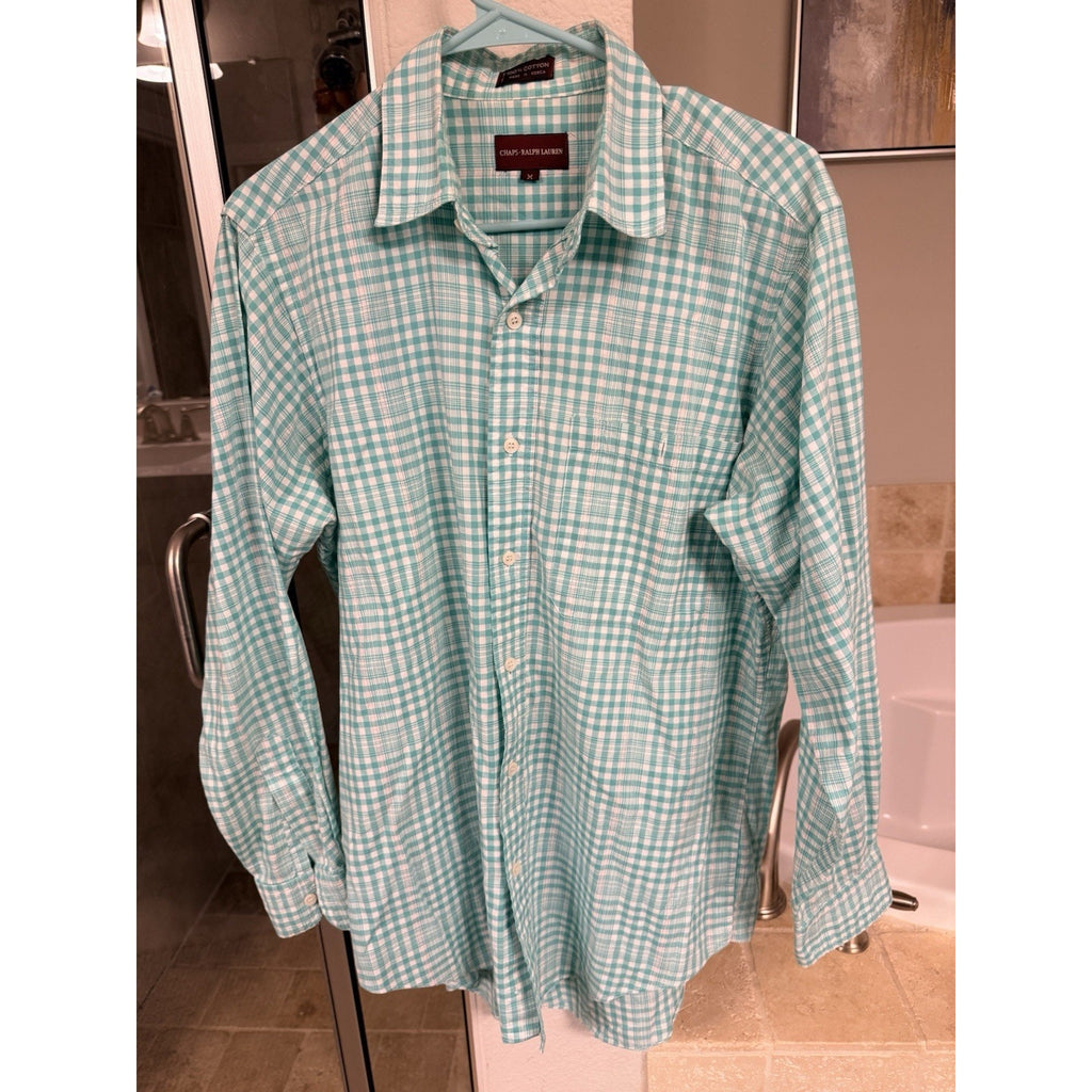 Chaps Ralph Lauren Button Down Shirt Mens Medium Green Check Plaid Cotton Casual