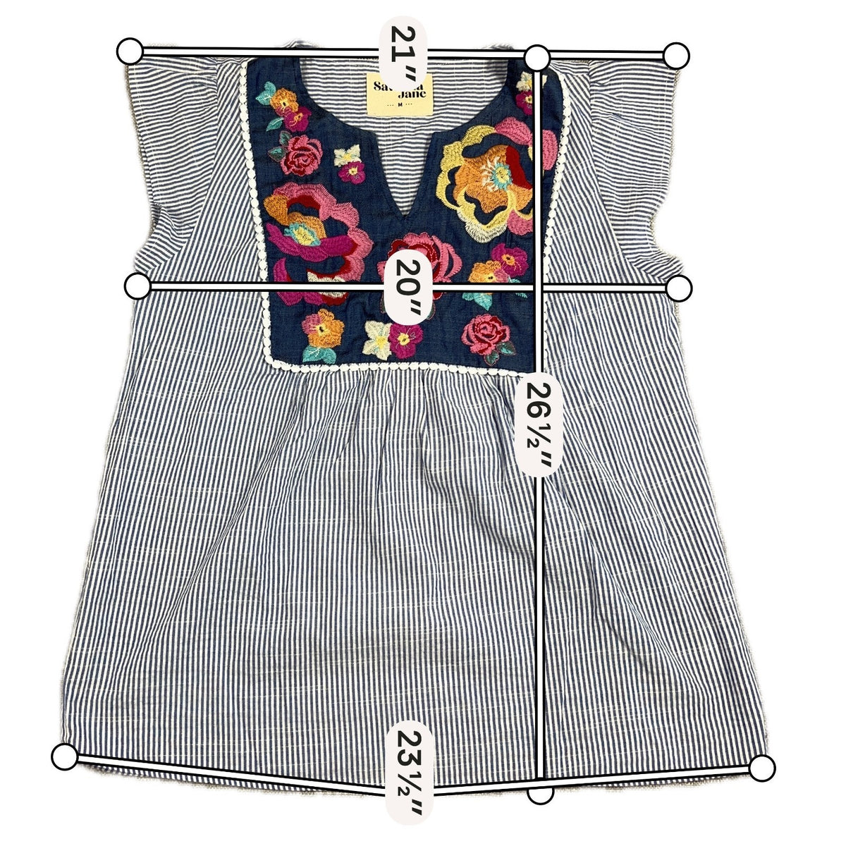 Savanna Jane Women M Embroidered Floral Striped Babydoll Tunic Top Boho