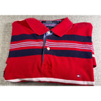 Tommy Hilfiger Mens L Polo Shirt Red Navy White Stripe 100% Cotton Y2K Preppy