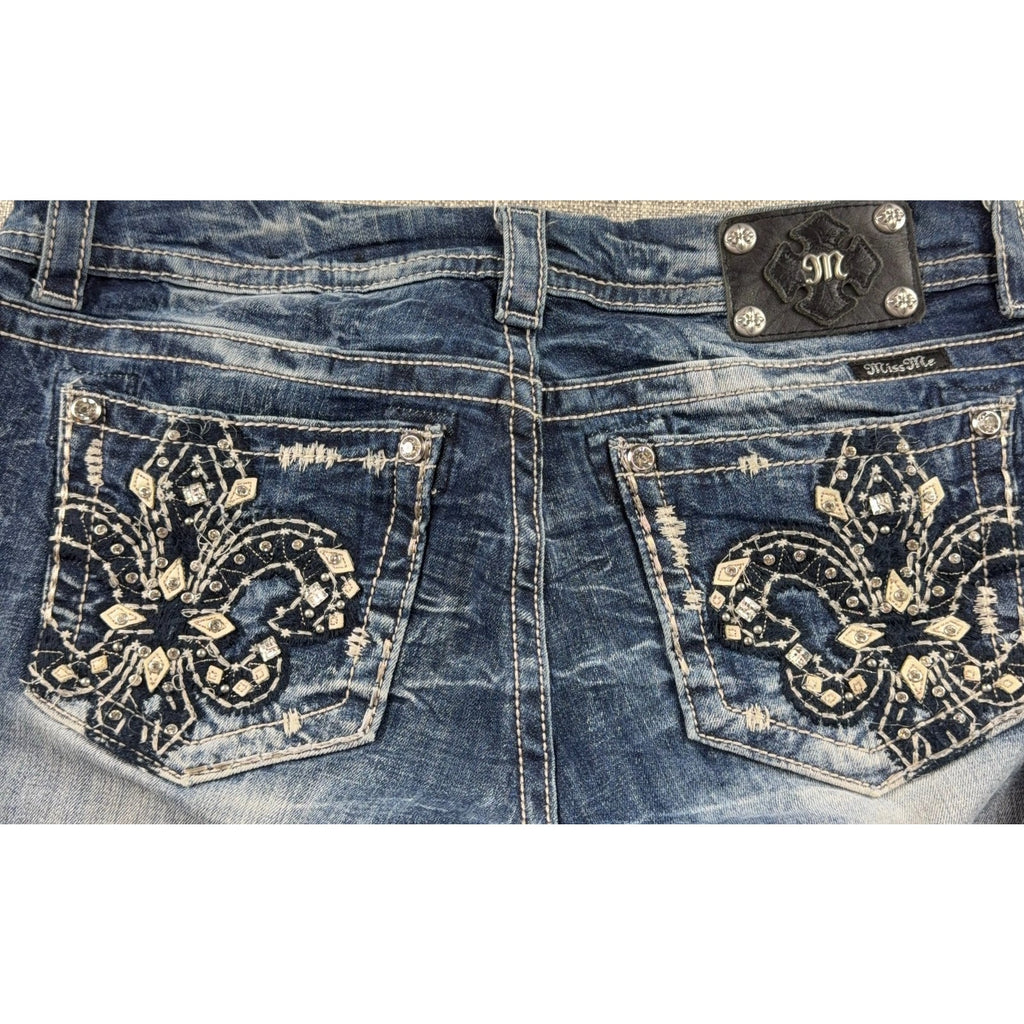 Miss Me Womens 31 Bootcut Jeans Rhinestone Fleur De Lis Y2K Western Bling