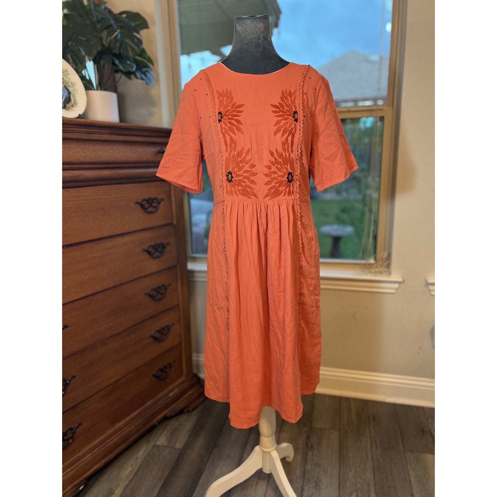 ROOLEE Womens Embroidered Boho Midi Dress Coral Prairie Cottagecore NWT Medium