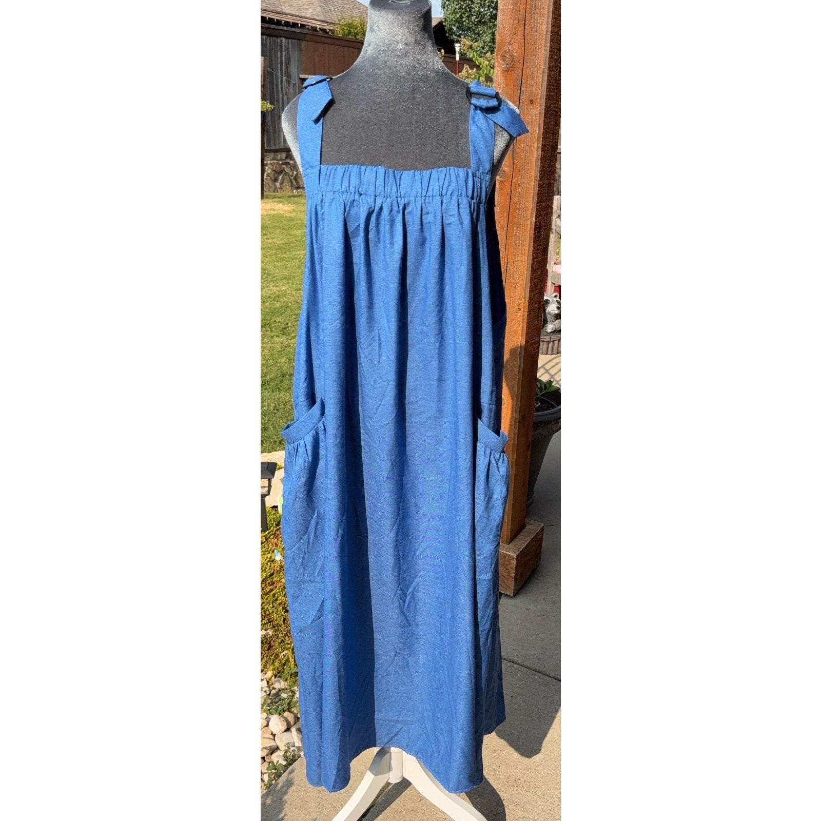 BloomChic Plus Size 2X Blue Maxi Sundress Tie Strap Oversized Pockets Boho