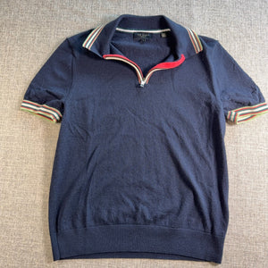 Ted Baker London Wool Knit Polo Shirt Womens Size 2 Navy Quarter Zip Short Sleev