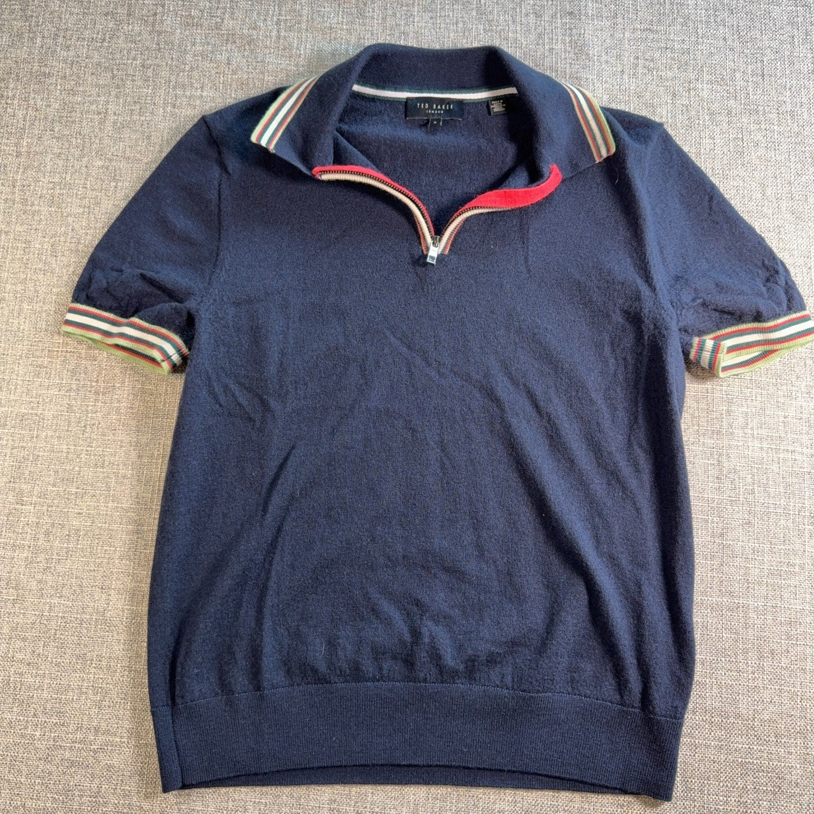 Ted Baker London Wool Knit Polo Shirt Womens Size 2 Navy Quarter Zip Short Sleev