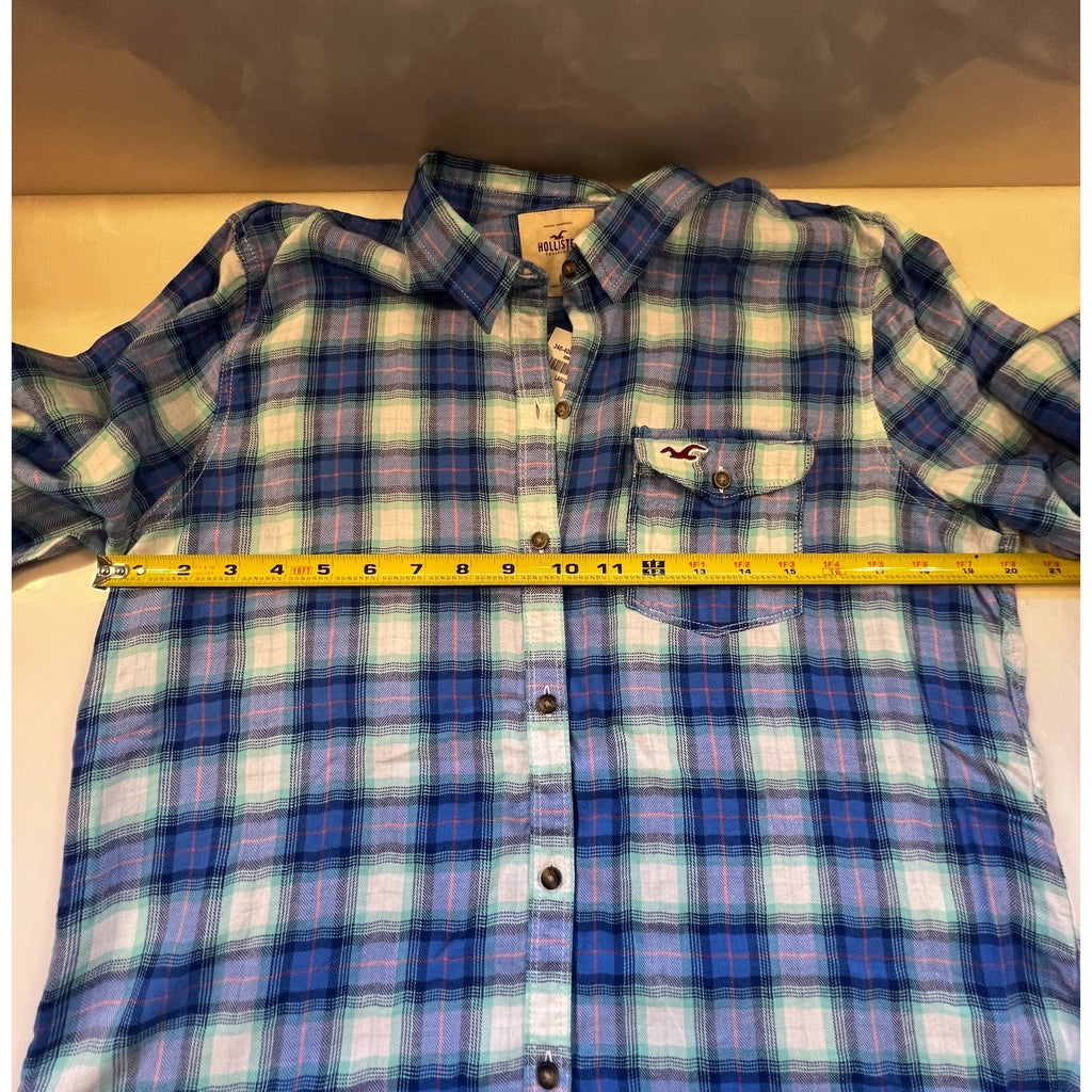 Hollister Womens Large Blue Plaid Flannel Shirt Button Front Pocket Logo Cotton