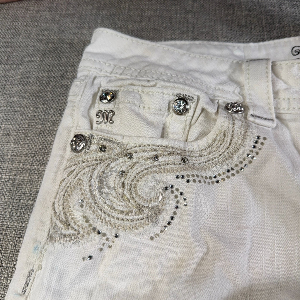 Miss Me Jeans Womens 30 White Cropped Skinny Rhinestone Embellished Flawed