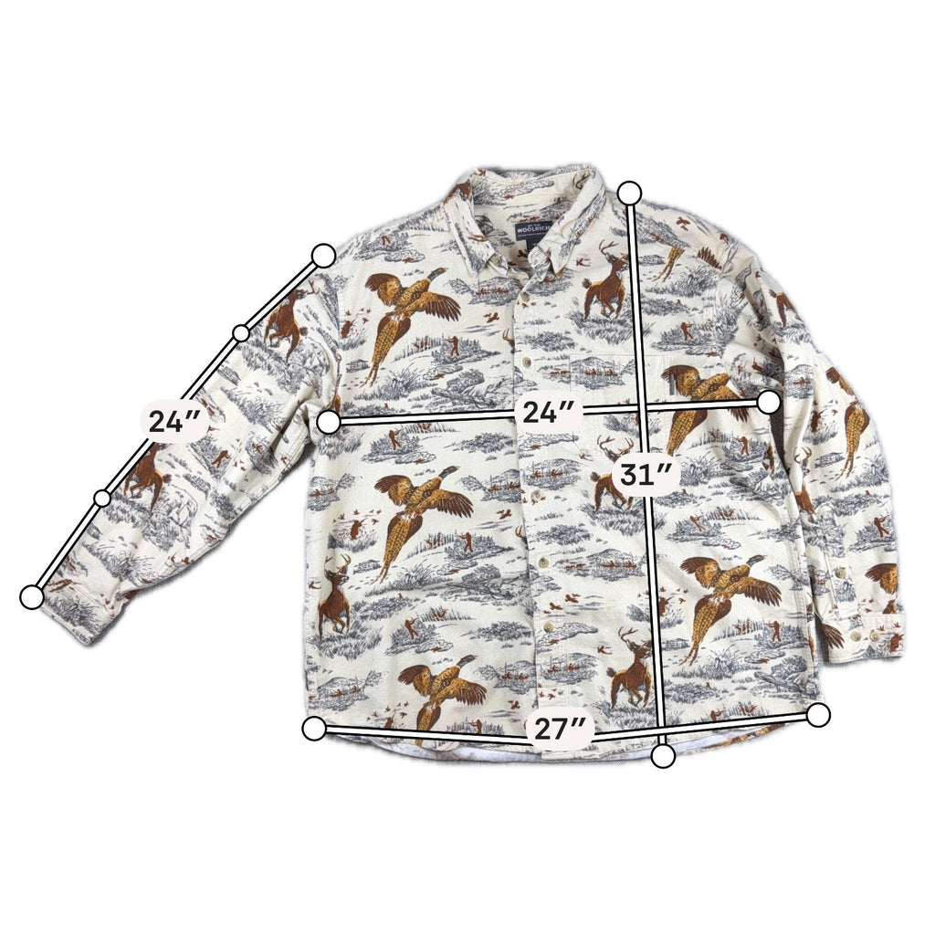 Woolrich Mens XL Hunting Shirt Pheasant Deer Wildlife Print Button Down Outdoor