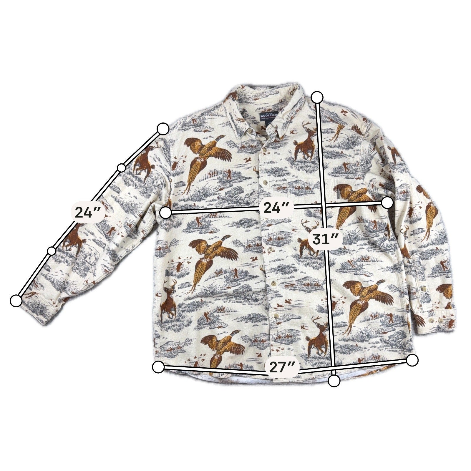 Woolrich Mens XL Hunting Shirt Pheasant Deer Wildlife Print Button Down Outdoor