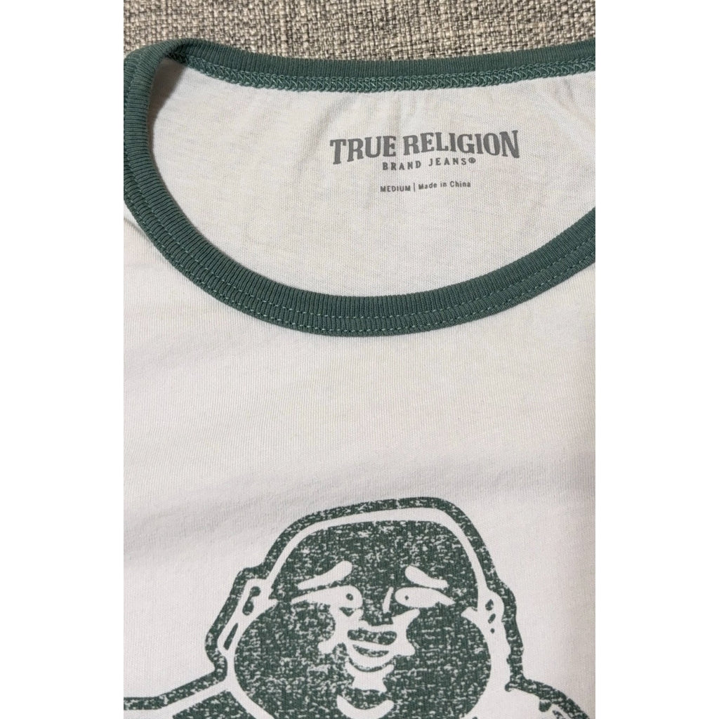 True Religion Buddha Guitar Ringer T-Shirt Women’s M White Green Y2K Flawed