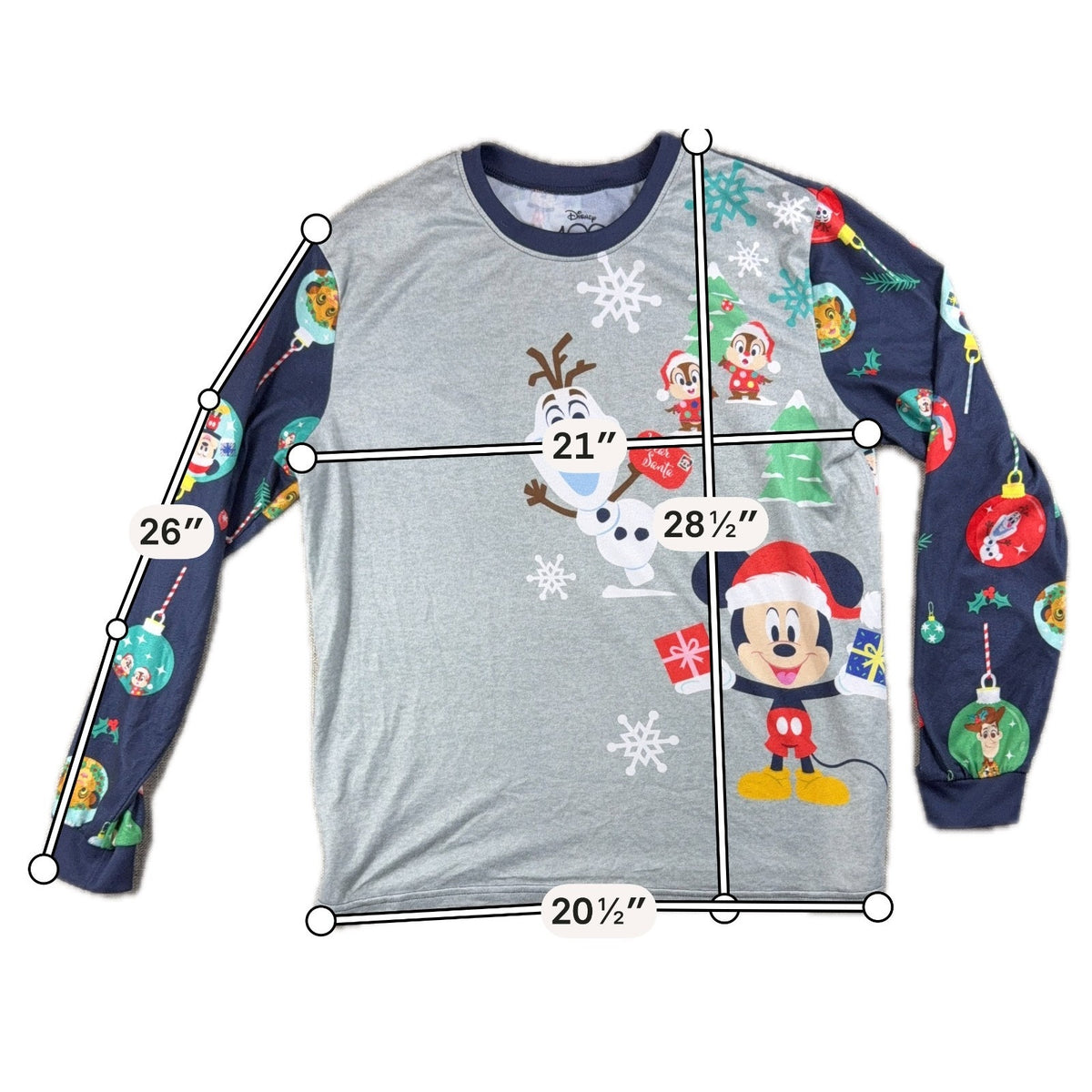 Disney 100 Christmas Pajama Top Mens L Mickey Olaf Stitch Holiday Long Sleeve