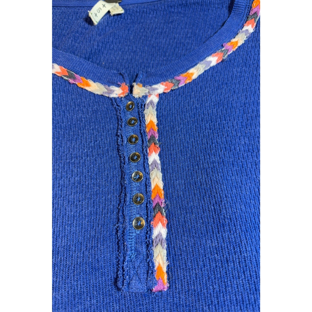 We The Free Free People Thermal Henley Top Small Blue Braided Trim Boho