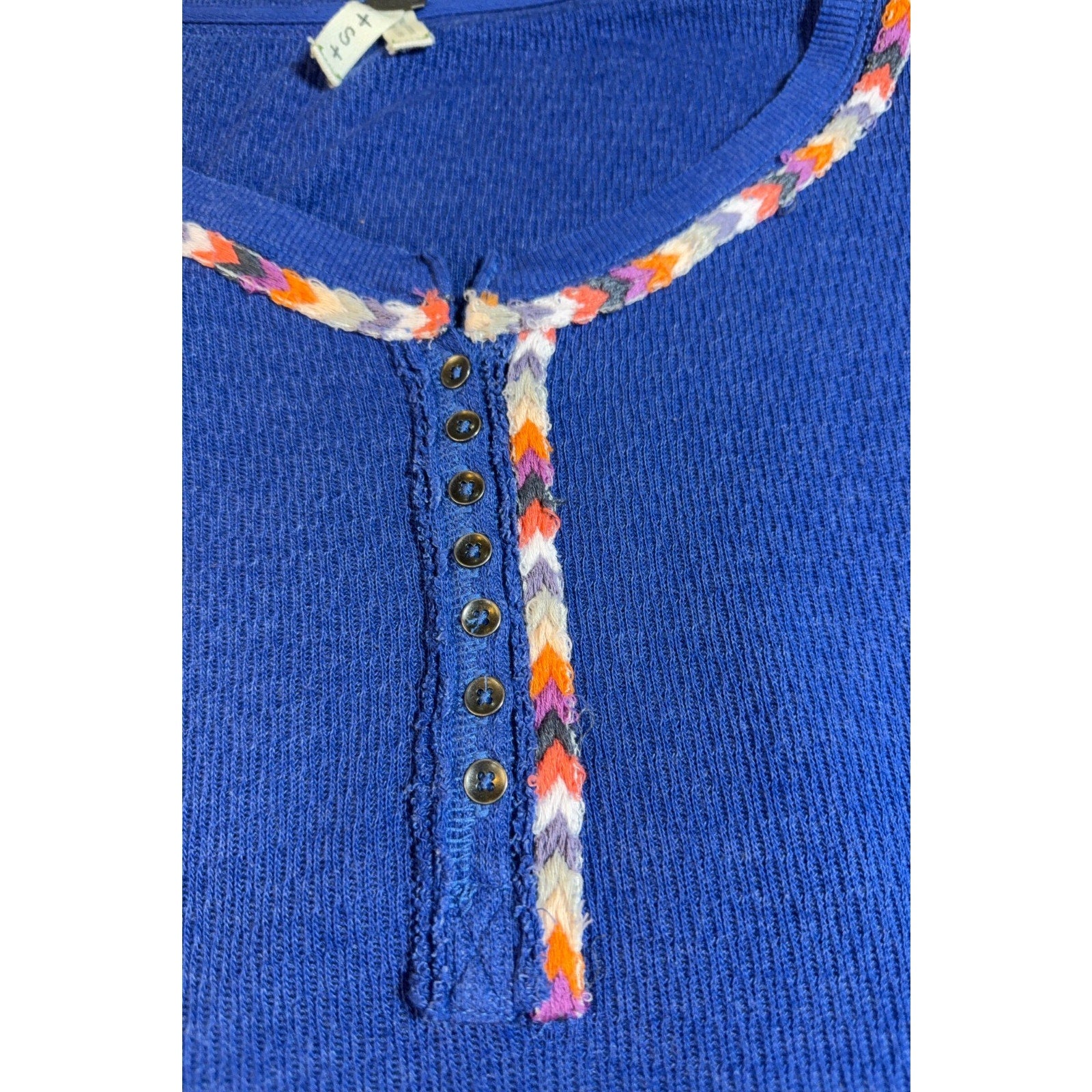 We The Free Free People Thermal Henley Top Small Blue Braided Trim Boho
