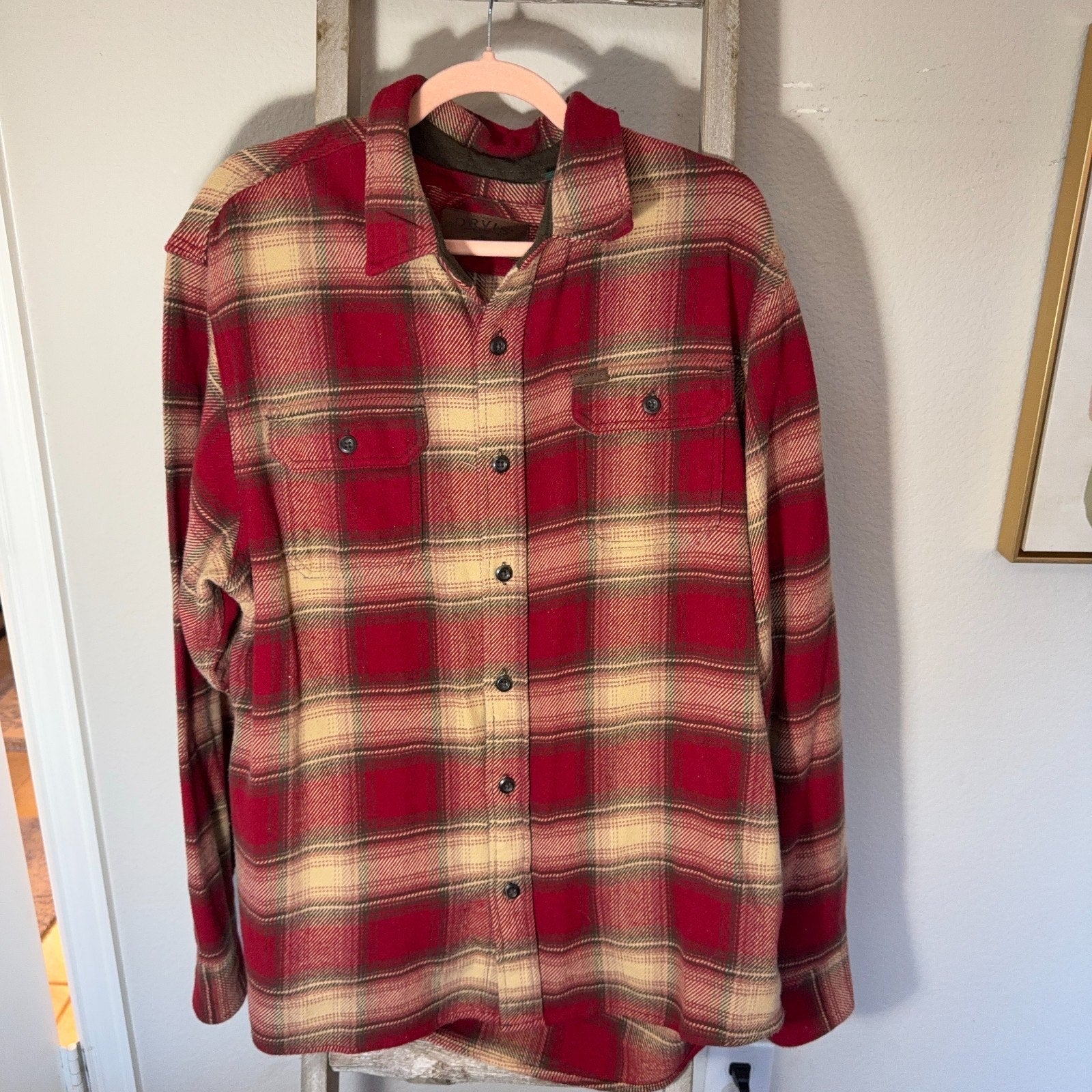 Orvis Classic Collection Flannel Shirt Jacket Mens Large Red Plaid Fleece Lined