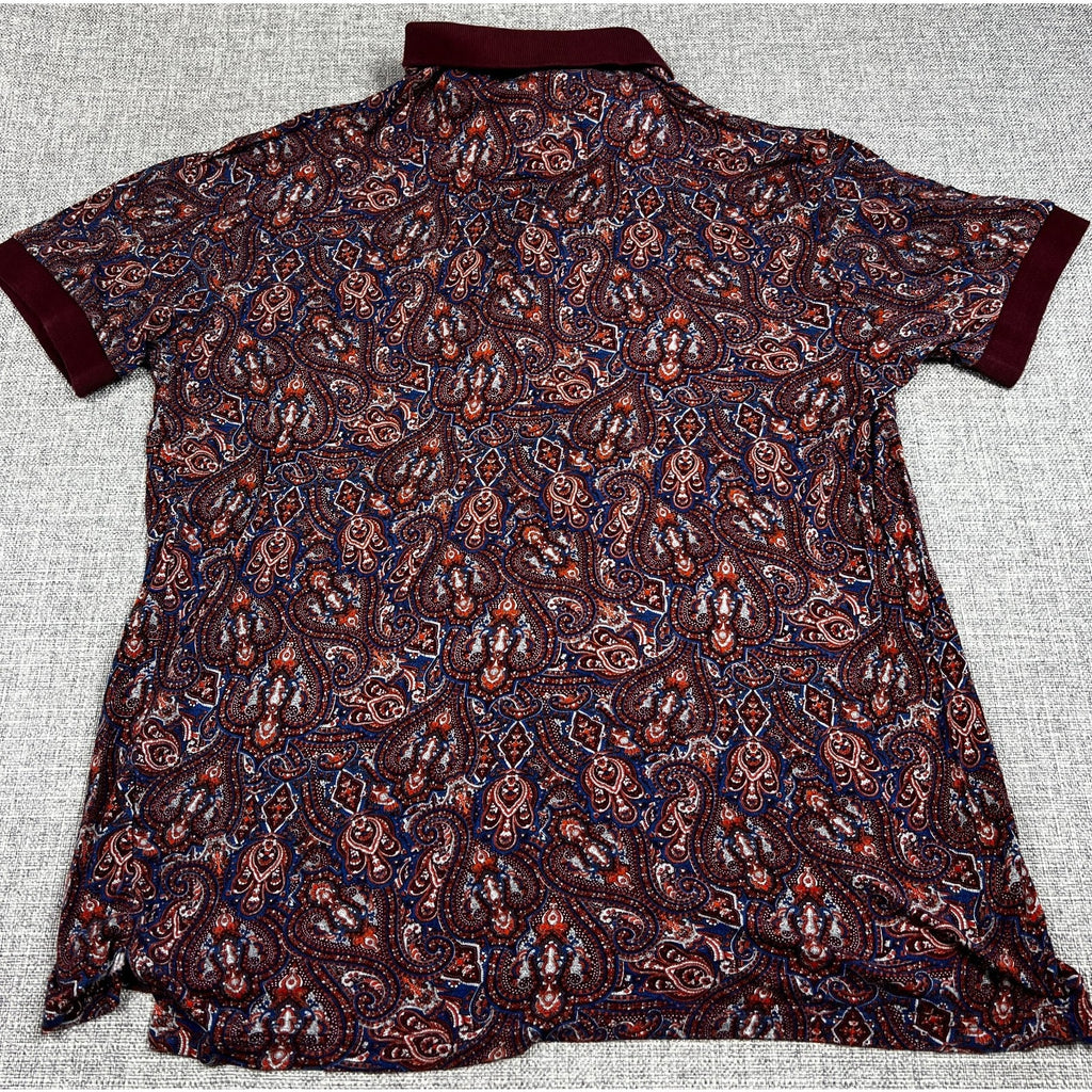 Zara Man Mens XL Paisley Polo Shirt Burgundy Blue Short Sleeve Portugal