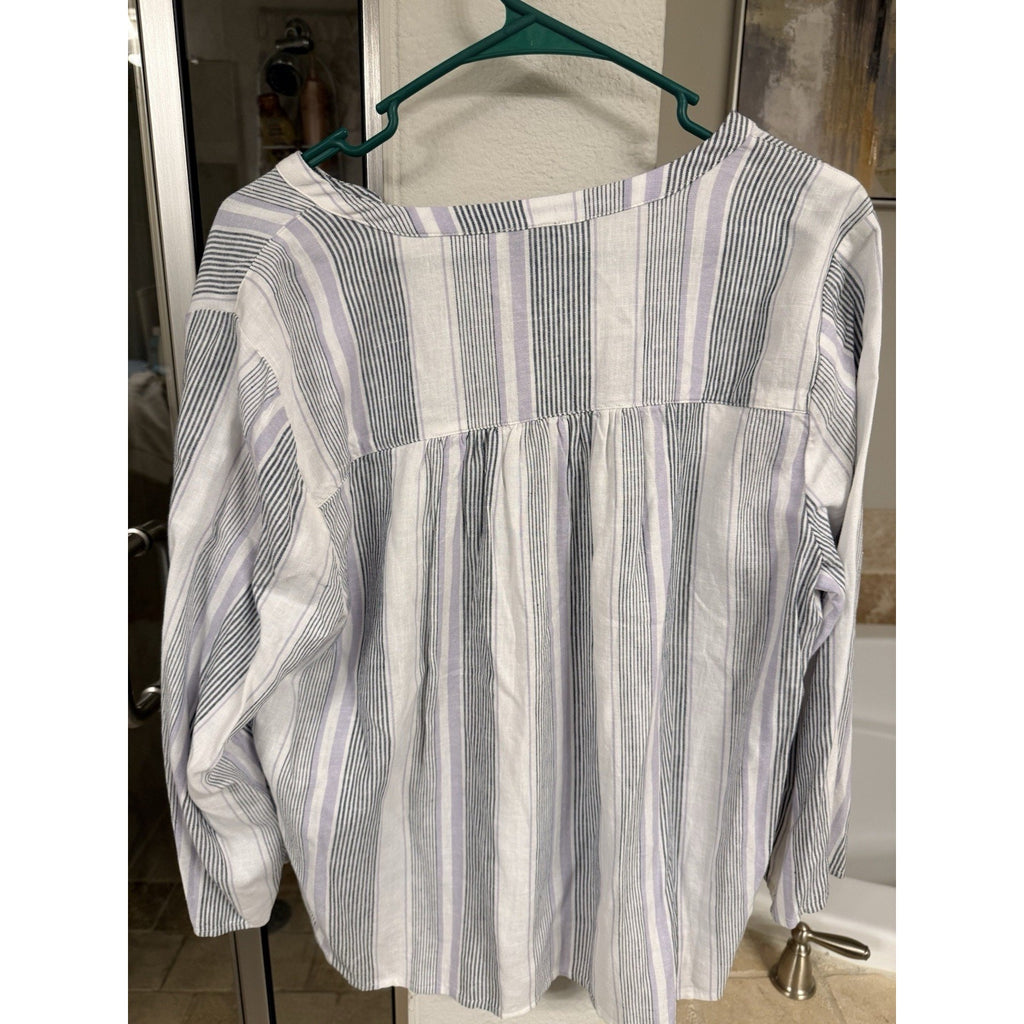 Splendid Womens Large Linen Blend Striped Blouse Purple White Boho Top