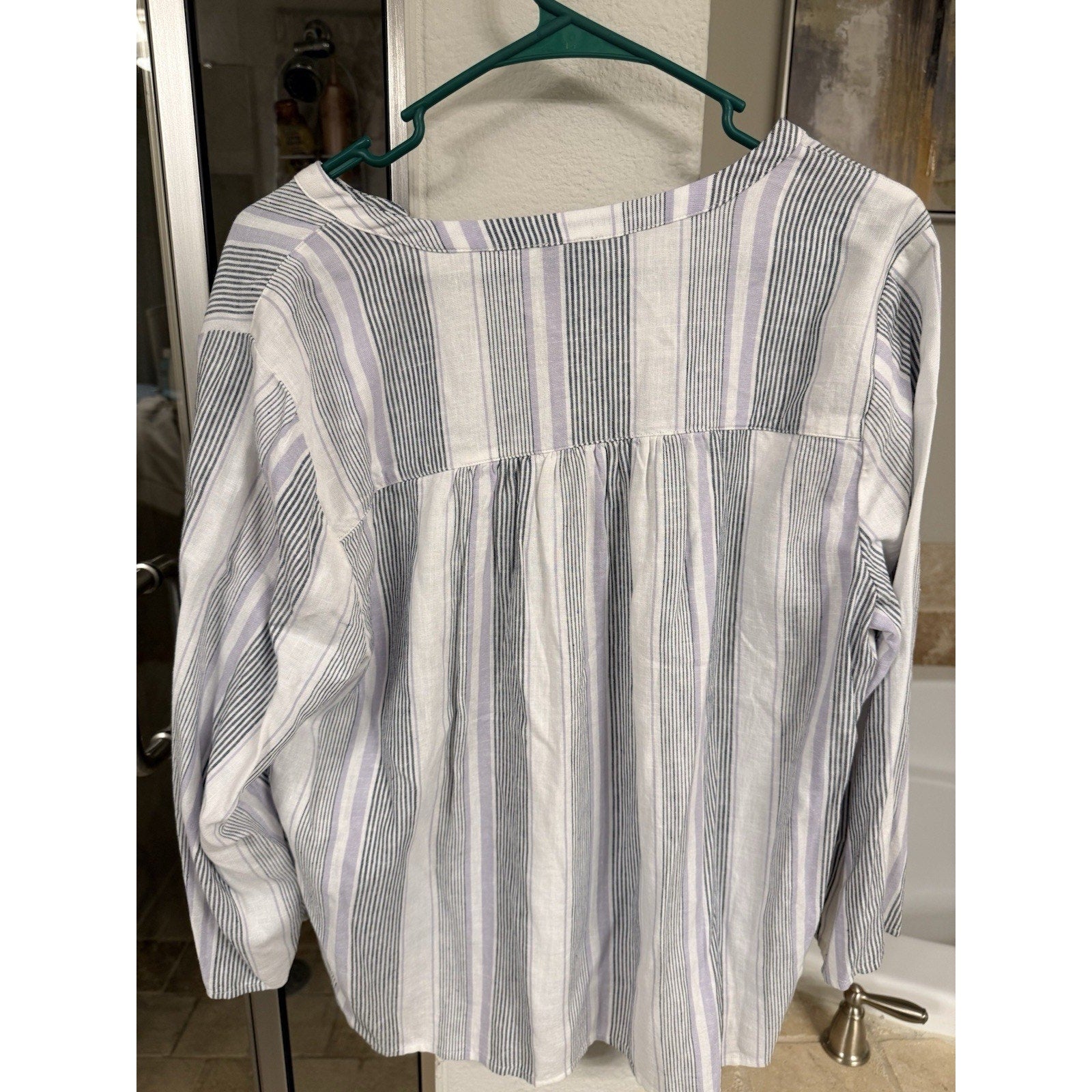 Splendid Womens Large Linen Blend Striped Blouse Purple White Boho Top
